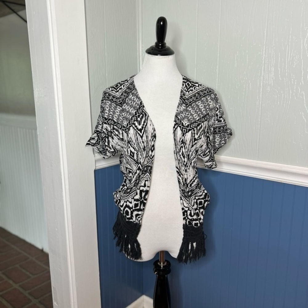 No Boundaries Aztec fringe open front cardigan